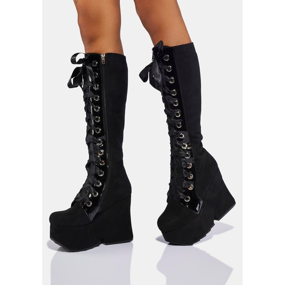 Lamoda Black Patent Lace Up Goth Chunky Platform Wedge High Boots Womens Size 8